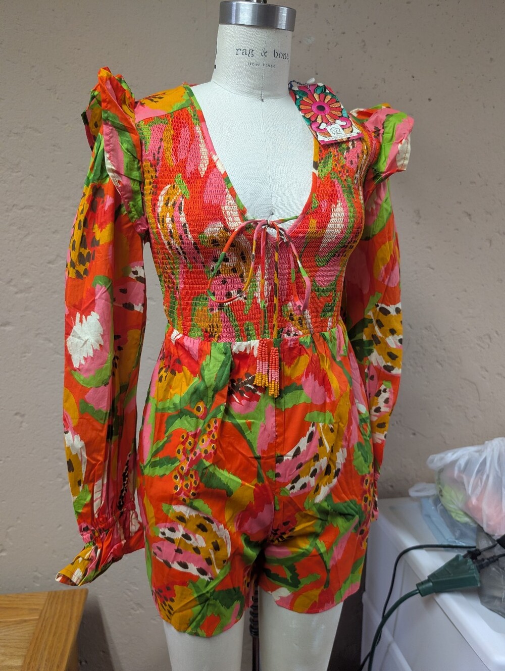 Anthropologie Farm Rio Tropical Ruffle Long Sleeve Romper